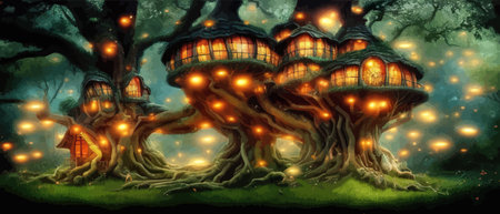 Fantastic houses magical forest night, fabulous dwelling in tree trunks. Banner vector illustration Fairy-tale house in a tree with a roof intertwined. Forest house.のイラスト素材