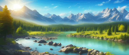 Picture of a mountain lake with a mountain range in the background and a lake in the foreground with a mountain range in the background. vector illustrationのイラスト素材