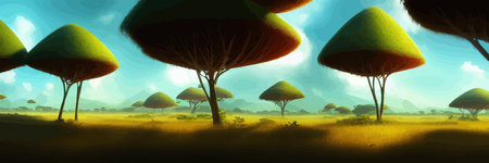 African rainforest. African jungle rainforest panorama with tropical vegetation, exotic fantasy landscape banner vector illustration. african savannah vector illustration.のイラスト素材