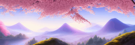 Japanese landscape with sakura trees against the backdrop of mountains and a volcano. beautiful fantasy landscape. vector banner illustration.のイラスト素材