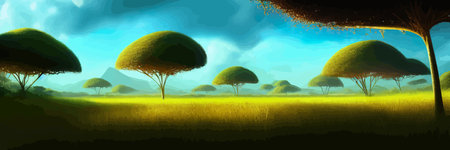 African rainforest. African jungle rainforest panorama with tropical vegetation, exotic fantasy landscape banner vector illustration. african savannah vector illustration.のイラスト素材