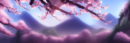 Japanese landscape with sakura trees against the backdrop of mountains and a volcano. beautiful fantasy landscape. vector banner illustration.のイラスト素材