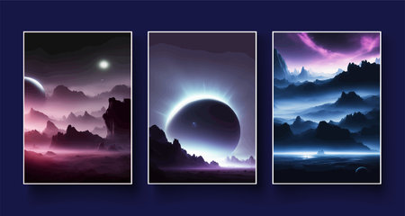 Futuristic fantasy landscape, sci fi landscape with planet neon light, cold planet. Galaxy unknown planet. Dark natural scene with light reflection water. neon space galaxy portal vector illustration.の写真素材