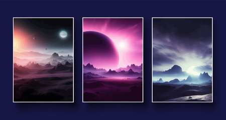 Futuristic fantasy landscape, sci fi landscape with planet neon light, cold planet. Galaxy unknown planet. Dark natural scene with light reflection water. neon space galaxy portal vector illustration.の写真素材