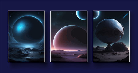 Futuristic fantasy landscape, sci fi landscape with planet, neon light, cold planet. Galaxy unknown planet Dark naturalの写真素材