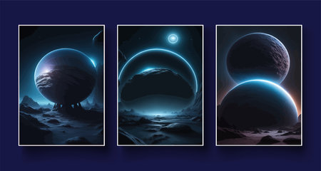 Futuristic fantasy landscape, sci fi landscape with planet, neon light, cold planet. Galaxy unknown planet Dark naturalの写真素材