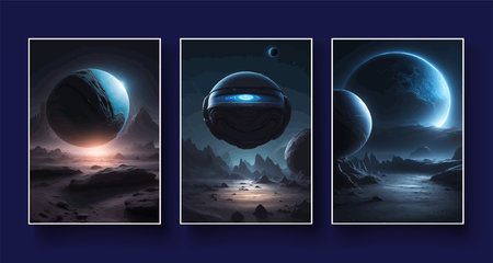 Futuristic fantasy landscape, sci fi landscape with planet, neon light, cold planet. Galaxy unknown planet Dark naturalの写真素材