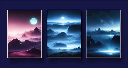 Futuristic fantasy landscape, sci fi landscape with planet neon light, cold planet. Galaxy unknown planet. Dark natural scene with light reflection water. neon space galaxy portal vector illustration.の写真素材
