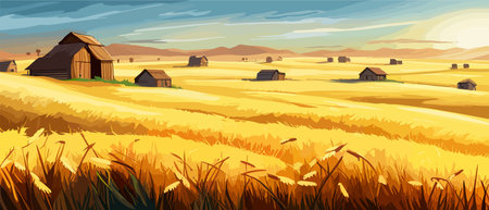 Wheat field sky with clouds. Countryside summer background gold colors grain nature. Health food poster. Barley vectorのイラスト素材