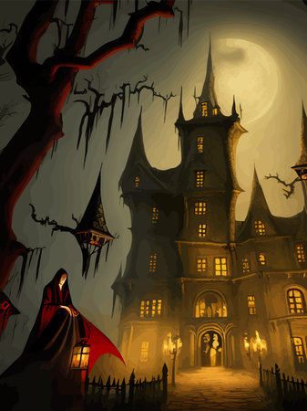 Scary little haunted house in horror forest, spooky haunted house in old, vintage style for Halloween and other spooky occasions. Vector illustration.のイラスト素材