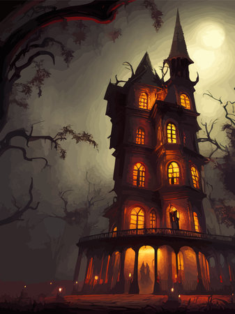 Scary little haunted house in horror forest, spooky haunted house in old, vintage style for Halloween and other spooky occasions. Vector illustration.のイラスト素材