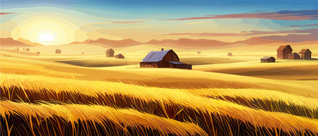 Wheat field sky with clouds. Countryside summer background gold colors grain nature. Health food poster. Barley vectorのイラスト素材