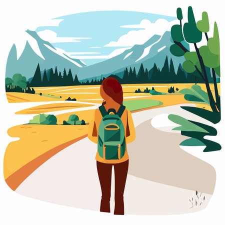 Adventure woman hiker enjoying hiking in mountains with nordic poles backpack flat vector illustration. Woman traveler travels with backpack.のイラスト素材