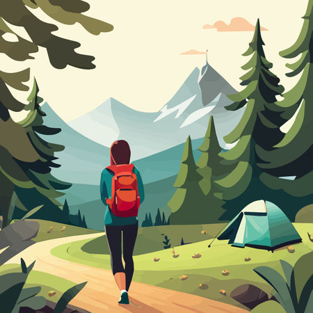 Adventure woman hiker enjoying hiking in mountains with nordic poles backpack flat vector illustration. Woman traveler travels with backpack.のイラスト素材