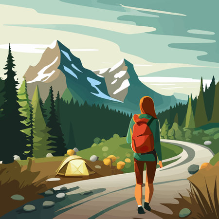 Adventure woman hiker enjoying hiking in mountains with nordic poles backpack flat vector illustration. Woman traveler travels with backpack.のイラスト素材
