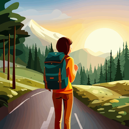Adventure woman hiker enjoying hiking in mountains with nordic poles backpack flat vector illustration. Woman traveler travels with backpack.のイラスト素材