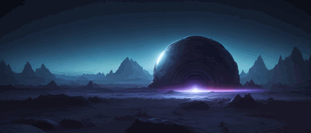 Space digital artwork. Surreal fantasy space. Nebula with planets stars. Science fiction elements. Glowing technologies. Dark colorful universe. Asteroids concept with moons stones vector illustrationのイラスト素材