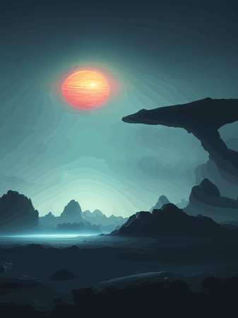 Futuristic fantasy landscape, sci fi landscape with planet neon light, cold planet. Galaxy unknown planet. Dark natural scene with light reflection water. neon space galaxy portal vector illustration.のイラスト素材