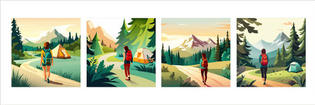 Adventure woman hiker enjoying hiking in mountains with nordic poles backpack flat vector illustration. Woman traveler travels with backpack.のイラスト素材