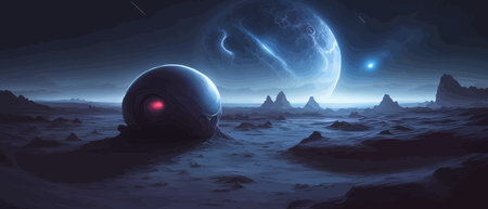 Space digital artwork. Surreal fantasy space. Nebula with planets stars. Science fiction elements. Glowing technologies. Dark colorful universe. Asteroids concept with moons stones vector illustrationのイラスト素材