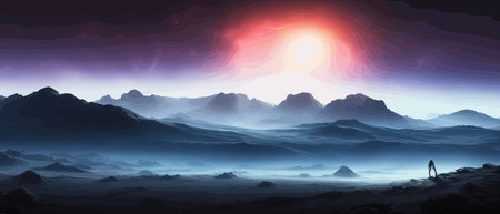 Futuristic fantasy landscape, sci fi landscape with planet neon light, cold planet. Galaxy unknown planet. Dark natural scene with light reflection water. neon space galaxy portal vector illustration.のイラスト素材