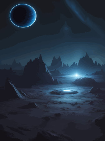 Futuristic fantasy landscape, sci fi landscape with planet, neon light, cold planet. Galaxy unknown planet Dark naturalのイラスト素材