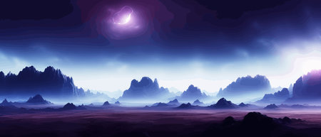 Futuristic fantasy landscape, sci fi landscape with planet neon light, cold planet. Galaxy unknown planet. Dark natural scene with light reflection water. neon space galaxy portal vector illustration.のイラスト素材