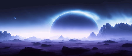 Futuristic fantasy landscape, sci fi landscape with planet neon light, cold planet. Galaxy unknown planet. Dark natural scene with light reflection water. neon space galaxy portal vector illustration.のイラスト素材