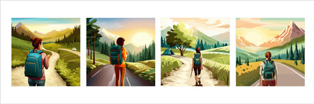 Adventure woman hiker enjoying hiking in mountains with nordic poles backpack flat vector illustration. Woman traveler travels with backpack.のイラスト素材