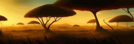 African rainforest. African jungle rainforest panorama with tropical vegetation, exotic fantasy landscape banner vector illustration. african savannah vector illustration.のイラスト素材