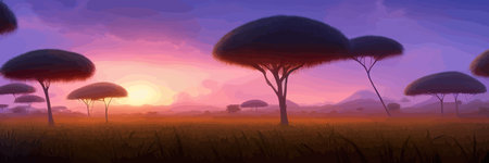 African rainforest. African jungle rainforest panorama with tropical vegetation, exotic fantasy landscape banner vector illustration. african savannah vector illustration.のイラスト素材
