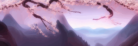 Japanese landscape with sakura trees against the backdrop of mountains and a volcano. beautiful fantasy landscape. vector banner illustration.のイラスト素材