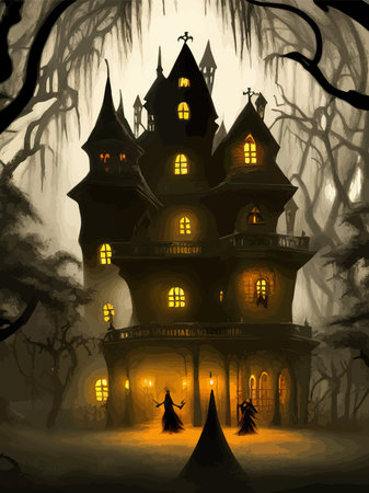 Scary little haunted house in horror forest, spooky haunted house in old, vintage style for Halloween and other spooky occasions. Vector illustration.のイラスト素材
