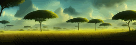 African rainforest. African jungle rainforest panorama with tropical vegetation, exotic fantasy landscape banner vector illustration. african savannah vector illustration.のイラスト素材