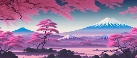 Cherry trees and lake under Mount Fuji, clear cloudy sky at dusk, super realistic and highly detailed Japanese pagoda, vector illustration.のイラスト素材
