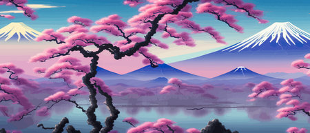 Cherry trees and lake under Mount Fuji, clear cloudy sky at dusk, super realistic and highly detailed Japanese pagoda, vector illustration.のイラスト素材