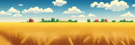 Wheat field sky with clouds. Countryside summer background gold colors grain nature. health food posterのイラスト素材