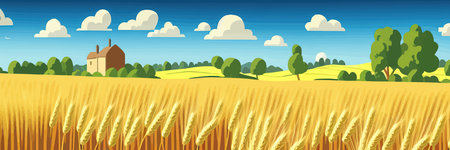 Wheat field sky with clouds. Countryside summer background gold colors grain nature. health food posterのイラスト素材