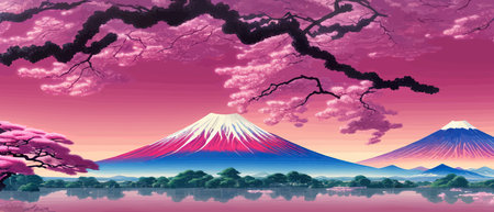 Cherry trees and lake under Mount Fuji, clear cloudy sky at dusk, super realistic and highly detailed Japanese pagoda, vector illustration.のイラスト素材