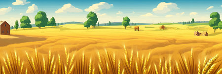 Wheat field sky with clouds. Countryside summer background gold colors grain nature. health food posterのイラスト素材