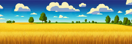 Wheat field sky with clouds. Countryside summer background gold colors grain nature. health food posterのイラスト素材