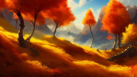 Vector illustration of countryside in autumn, autumn landscape mountains and maple trees fallen with yellow foliage. Forest in shades of orange and teal in the fall.のイラスト素材