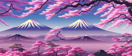 Cherry trees and lake under Mount Fuji, clear cloudy sky at dusk, super realistic and highly detailed Japanese pagoda, vector illustration.のイラスト素材