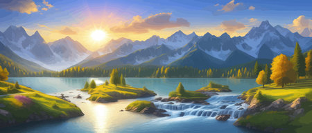 Picture of a mountain lake with a mountain range in the background and a lake in the foreground with a mountain range in the background. vector illustrationのイラスト素材