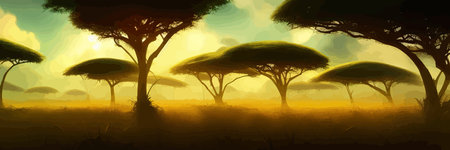 African rainforest. African jungle rainforest panorama with tropical vegetation, exotic fantasy landscape banner vector illustration. african savannah vector illustration.のイラスト素材