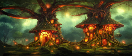 Fantastic houses magical forest night, fabulous dwelling in tree trunks. Banner vector illustration Fairy-tale house in a tree with a roof intertwined. Forest house.のイラスト素材