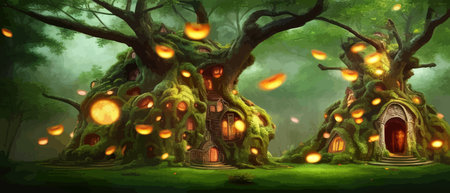 Fantastic houses magical forest night, fabulous dwelling in tree trunks. Banner vector illustration Fairy-tale house in a tree with a roof intertwined. Forest house.のイラスト素材