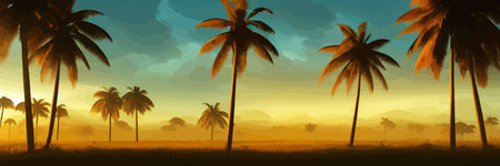 African rainforest. African jungle rainforest panorama with tropical vegetation, exotic fantasy landscape banner vector illustration. african savannah vector illustration.のイラスト素材