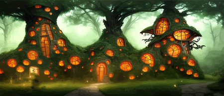Fantastic houses magical forest night, fabulous dwelling in tree trunks. Banner vector illustration Fairy-tale house in a tree with a roof intertwined. Forest house.のイラスト素材