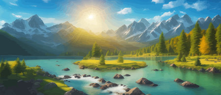 Picture of a mountain lake with a mountain range in the background and a lake in the foreground with a mountain range in the background. vector illustrationのイラスト素材